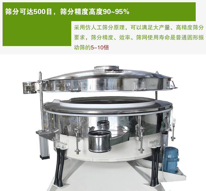 搖擺篩分機(jī)采用仿人工篩分原理，可以滿足大產(chǎn)量、高精度篩分 要求，篩分精度、效率、篩網(wǎng)使用壽命是普通圓形振 動(dòng)篩的5-10倍